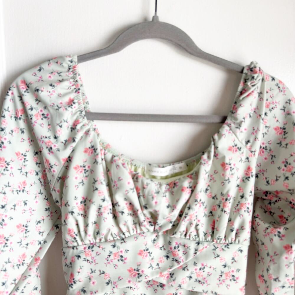 Altar’s State Lola Crossover Mint Green Pink Floral Mini Dress Fit & Flare M - Picture 3 of 16